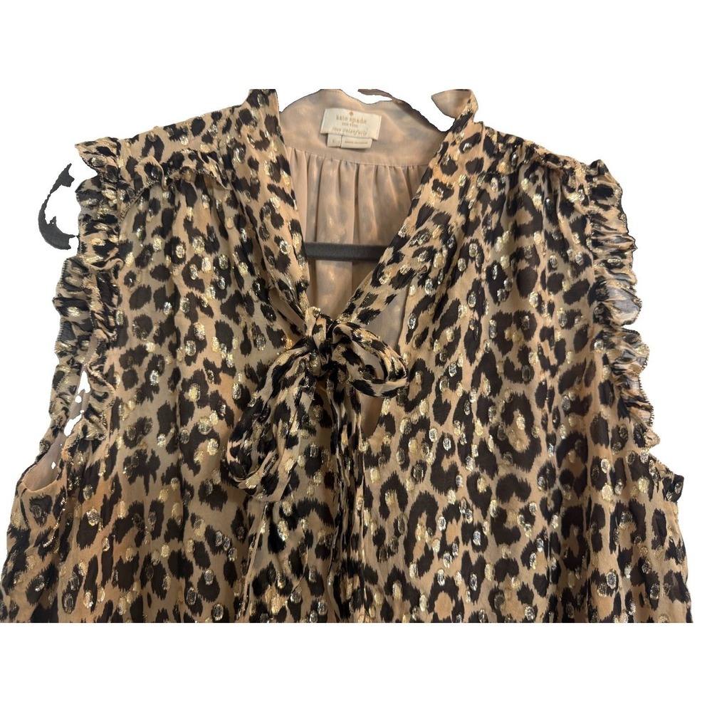 Kate Spade Metallic Leopard Clip Dot Peplum Blouse Silk Bow Tie Tank Top L - Picture 2 of 15